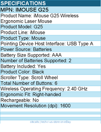 Adesso IMOUSE G25 Wireless Ergonomic Laser Mouse - USB Type A - 1600 dpi - Black