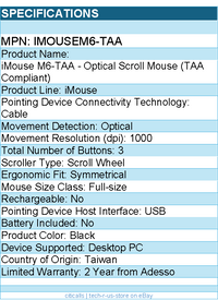 Adesso iMouse M6-TAA - Optical Scroll Mouse (TAA Compliant) - Optical - Cable