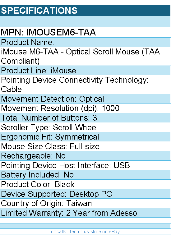Adesso iMouse M6-TAA - Optical Scroll Mouse (TAA Compliant) - Optical - Cable