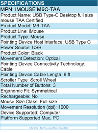 Adesso IMOUSE M6C-TAA Full-size Mouse - Optical - Cable - Black - USB Type C
