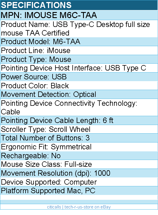 Adesso IMOUSE M6C-TAA Full-size Mouse - Optical - Cable - Black - USB Type C
