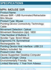 Adesso iMouse S8R - USB Illuminated Retractable Mini Mouse - Optical - Cable