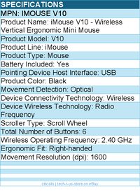 Adesso IMOUSE V10 Wireless Vertical Ergonomic Mini Mouse - Optical - Black