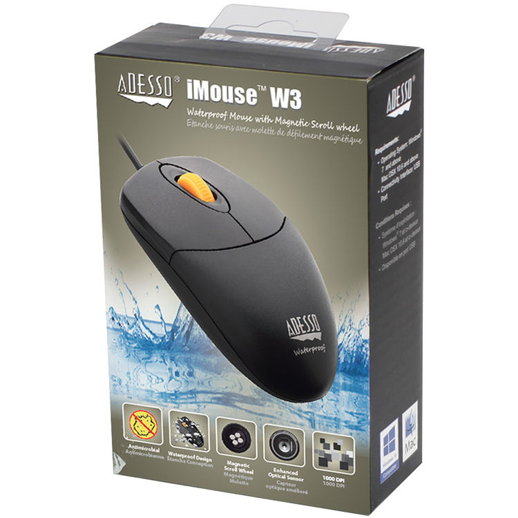 Adesso IMOUSEW3 Waterproof Antimicrobial Mouse with Magnetic Scroll Wheel