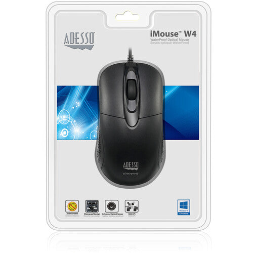 Adesso IMOUSE W4 Waterproof Antimicrobial Optical Mouse - 1000 dpi -Black