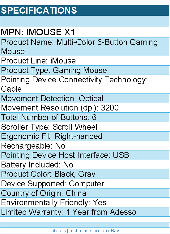 Adesso iMouse X1 Multi-Color 6-Button Gaming Mouse - Optical - Cable