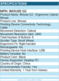 Adesso iMouse G2 - Ergonomic Optical Mouse - Optical - Cable - Black - USB