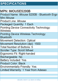 Adesso iMouseS200B - Bluetooth Ergo Mini Mouse - Optical - Wireless - Bluetooth