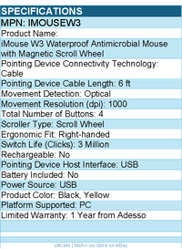 Adesso iMouseW3 Waterproof Antimicrobial Mouse with Magnetic Scroll Wheel