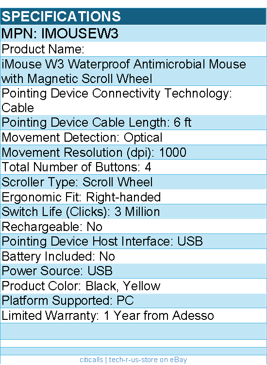 Adesso iMouseW3 Waterproof Antimicrobial Mouse with Magnetic Scroll Wheel