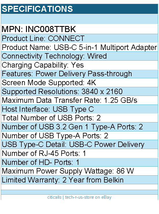 Belkin INC008ttBK USB-C 5-in-1 Multiport Adapter, Laptop Docking Station