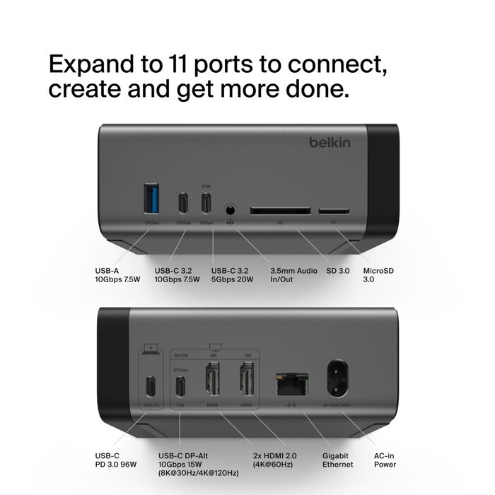 Belkin INC020TTSGY 11-in-1 Triple Display USB-C Docking Station - 10 Gbps