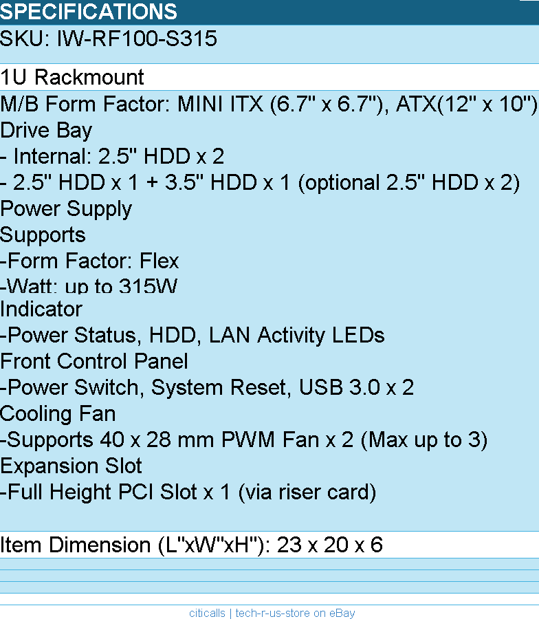 In-Win IW-RF100-S315 Rackmount - 1U Appliance 315W PS 0 0 (2*2.5) Silver