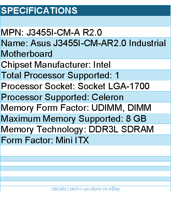 ASUS J3455I-CM-A R2.0 Motherboard - Celeron J3455 SoC Max.8GB DDR3L Mini ITX