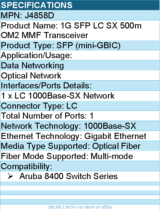 HPE J4858D 1G SFP LC SX 500m OM2 MMF Transceiver - SFP (mini-GBIC)