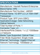 HPE J4859D 1G SFP LC LX 10km SMF Transceiver - For Data Networking