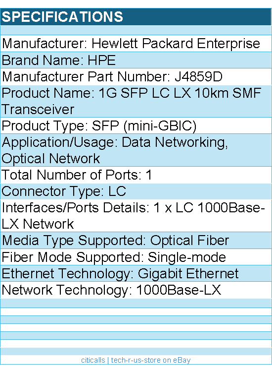 HPE J4859D 1G SFP LC LX 10km SMF Transceiver - For Data Networking
