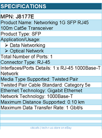 HPE J8177E Aruba 1G SFP RJ45 100m Cat5e Transceiver - For Data Networking