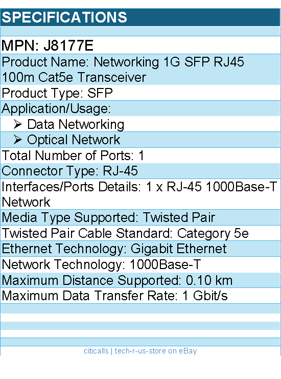 HPE J8177E Aruba 1G SFP RJ45 100m Cat5e Transceiver - For Data Networking