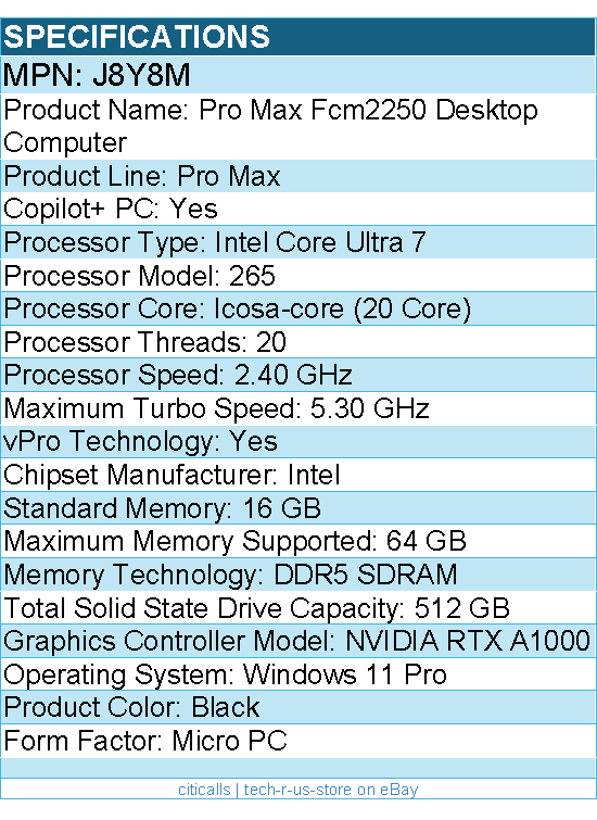 Dell J8Y8M Pro Max FCM2250 Desktop Computer - Intel Core Ultra 7 265