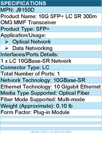 HPE J9150D 10G SFP+ - LC SR 300m OM3 MMF Transceiver - For Optical Network