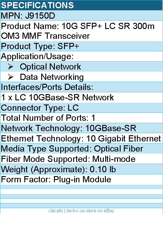 HPE J9150D 10G SFP+ - LC SR 300m OM3 MMF Transceiver - For Optical Network