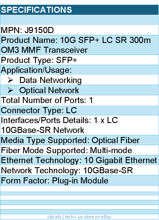 HPE J9150D 10G SFP+ LC SR 300m OM3 MMF Transceiver - For Data Networking