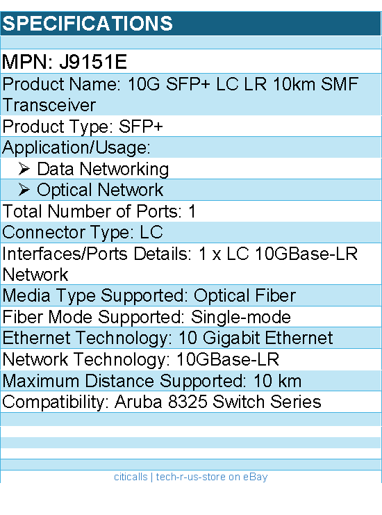 HPE J9151E 10G SFP+ LC LR 10km SMF Transceiver - For Data Networking