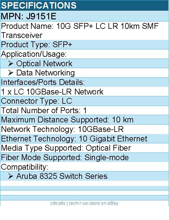 HPE J9151E 10G SFP+ LC LR 10km SMF Transceiver - For Optical Network