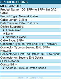 HPE J9281D 10G SFP+ to SFP+ 1m DAC Cable - 3.28 ft SFP+ Network Cable