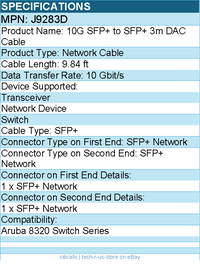 HPE J9283D 10G SFP+ to SFP+ 3m DAC Cable - 9.84 ft SFP+ Network Cable