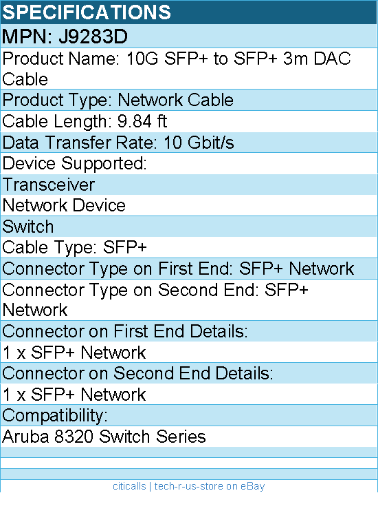 HPE J9283D 10G SFP+ to SFP+ 3m DAC Cable - 9.84 ft SFP+ Network Cable