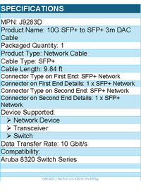 HPE J9283D 10G SFP+ to SFP+ 3m DAC Cable for Network Device
