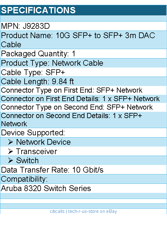 HPE J9283D 10G SFP+ to SFP+ 3m DAC Cable for Network Device
