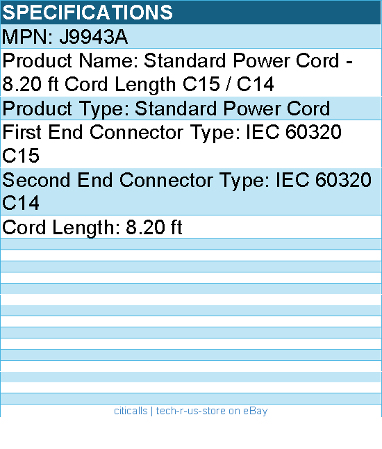 HPE J9943A Standard Power Cord - 8.20 ft Cord Length C15 / C14