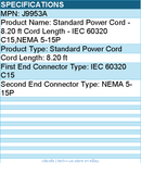 HPE J9953A Standard Power Cord - 8.20 ft Cord Length - IEC 60320 C15,NEMA 5-15P