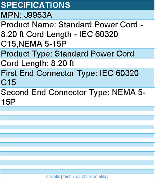 HPE J9953A Standard Power Cord - 8.20 ft Cord Length - IEC 60320 C15,NEMA 5-15P