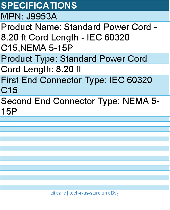 HPE J9953A Standard Power Cord - 8.20 ft Cord Length - IEC 60320 C15,NEMA 5-15P