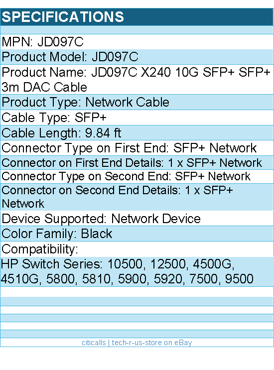 HPE JD097C X240 10G SFP+ SFP+ 3m DAC Cable - 9.84 ft - Black