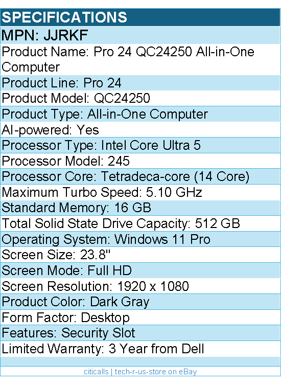 Dell JJRKF Pro 24 QC24250 All-in-One Computer - Intel Core Ultra 5