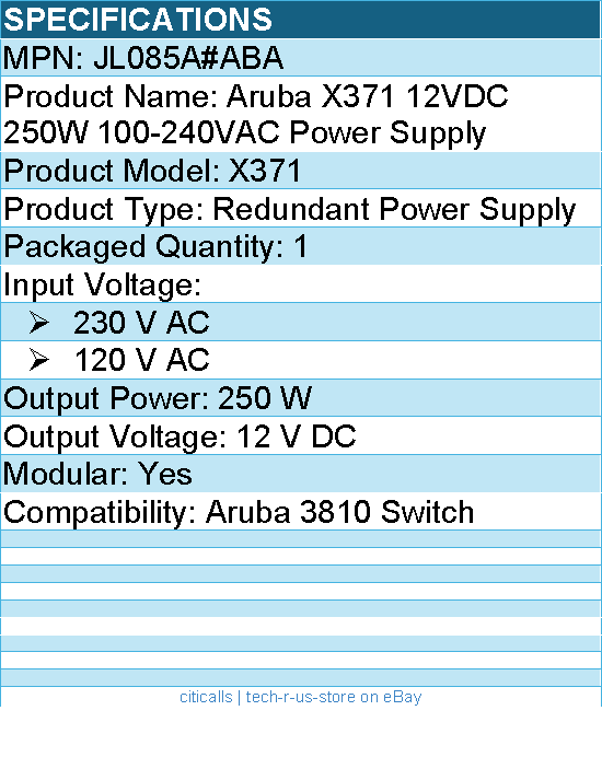 HPE JL085A#ABA Aruba X371 12VDC 250W 100-240VAC Power Supply - 120 V AC,230 V AC