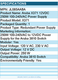 HPE JL085A#ABA Aruba X371 12VDC 250W 100-240VAC Power Supply