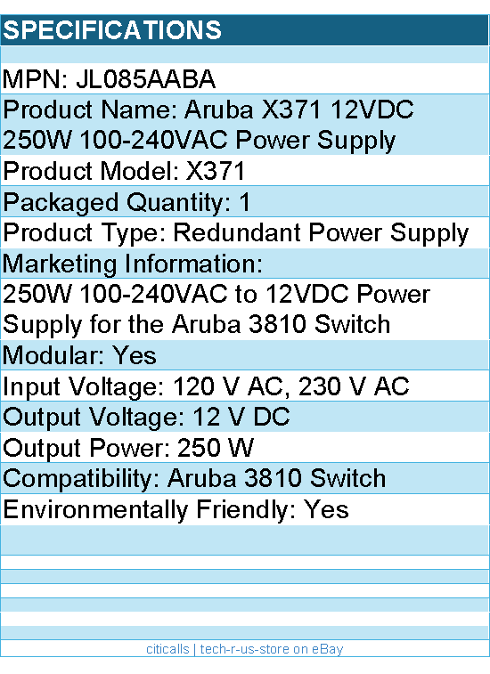 HPE JL085A#ABA Aruba X371 12VDC 250W 100-240VAC Power Supply