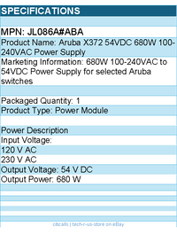 HPE JL086A#ABA Aruba X372 54VDC 680W 100-240VAC Power Supply