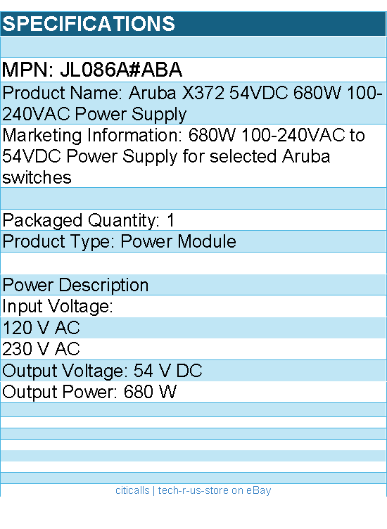 HPE JL086A#ABA Aruba X372 54VDC 680W 100-240VAC Power Supply