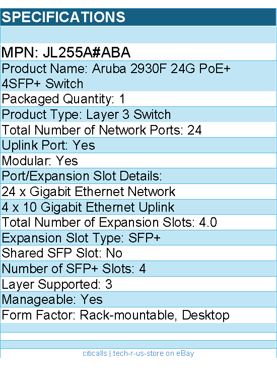 HPE JL255A#ABA Aruba 2930F 24G PoE+ 4SFP+ Switch - 24 Ports - Manageable