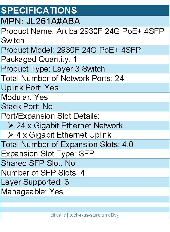 HPE JL261A#ABA Aruba 2930F 24G PoE+ 4SFP Switch - 24 Ports - Manageable
