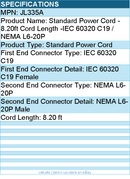 HPE JL335A Standard Power Cord - 8.20ft Cord Length -IEC 60320 C19 / NEMA L6-20P