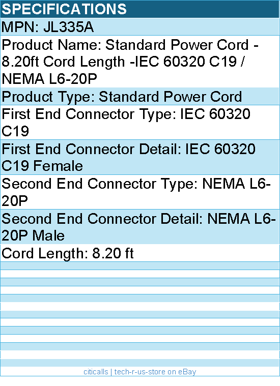 HPE JL335A Standard Power Cord - 8.20ft Cord Length -IEC 60320 C19 / NEMA L6-20P