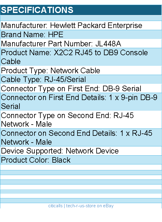 HPE JL448A Aruba X2C2 RJ45 to DB9 Console Cable - Black